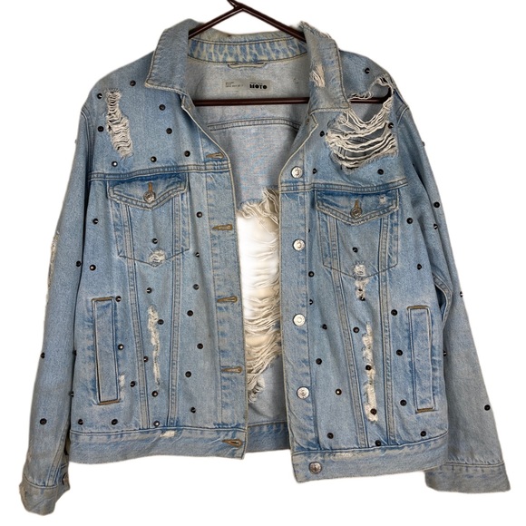 Oversized TOPSHOP Distressed Moto denim Jacket pale blue denim studded US 8 $150 - Picture 3 of 16